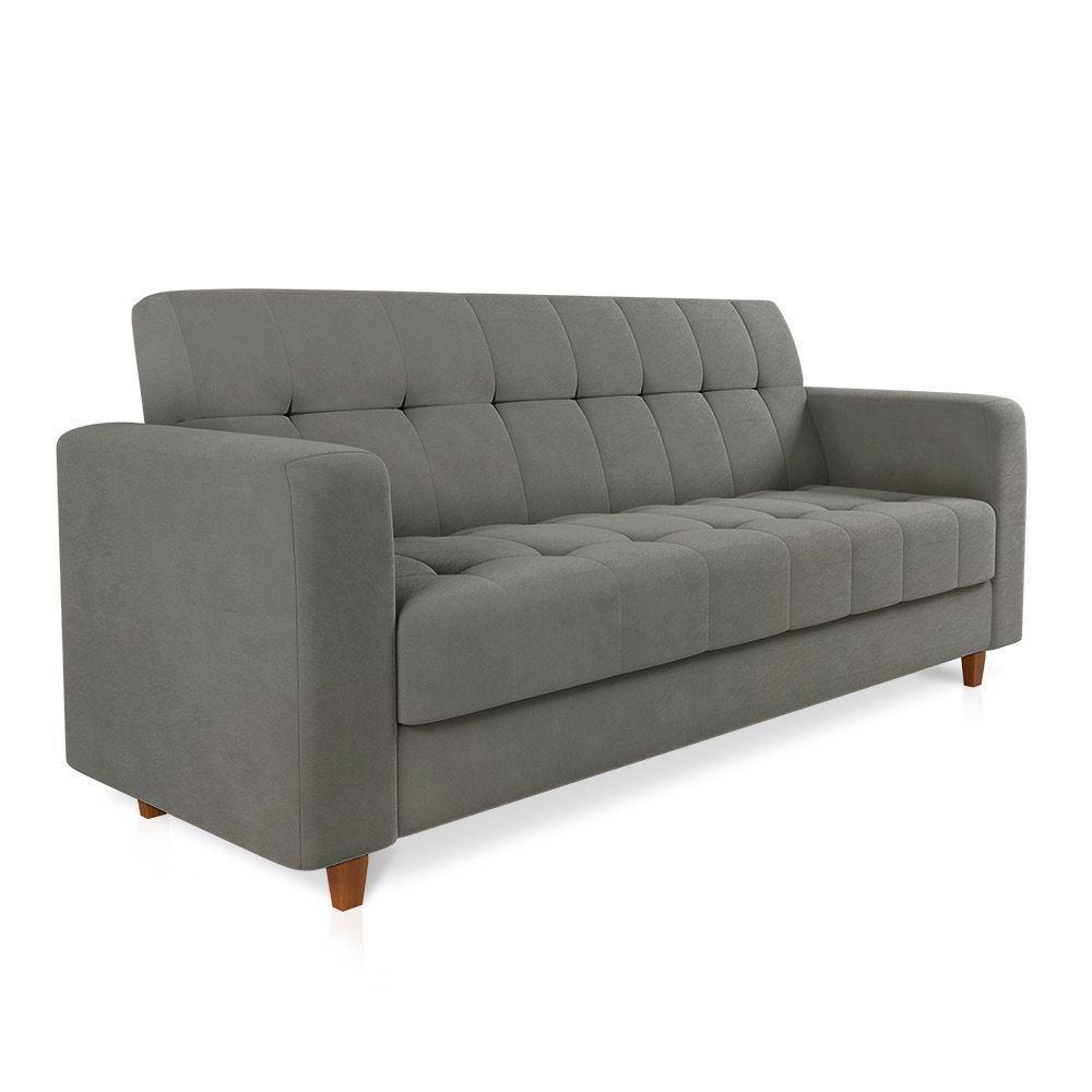Sofá 03 Lugares Arezzo Suede Grafite Pés Chanfrado Castanho - 1