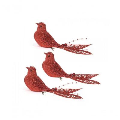 Kit Passarinho Natal Full Glitter Pérolas Vermelho 16Cm 3 Un