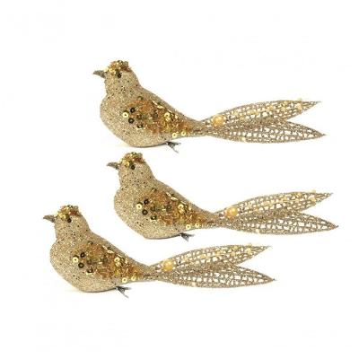 Kit Passarinho Natal Full Glitter Pérolas Dourado 16Cm 3 Un