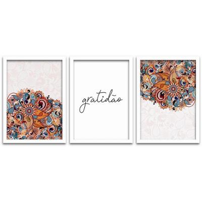 Conjunto Quadros Decorativos 3 peças MDF 20x30 Gratidão Titulos Moldura Branca