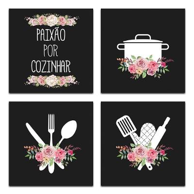 Conjunto Quadros Decorativos 4 Pçs 20x20 Paixão Por Cozinhar Titulos Moldura Preta
