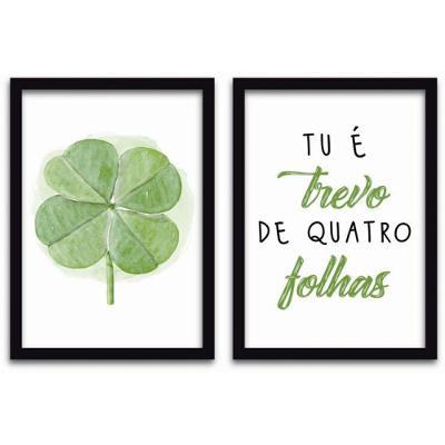 Conjunto Quadros Decorativos 2 pçs mdf 20x30 Trevo 4 folhas