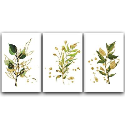 Kit Placas Quadros Decorativos 3 pçs 20x30 Folhas Douradas