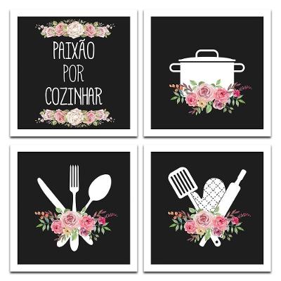 Conjunto Quadros Decorativos 4 Pçs 20x20 Paixão Por Cozinhar Titulos Moldura Branca