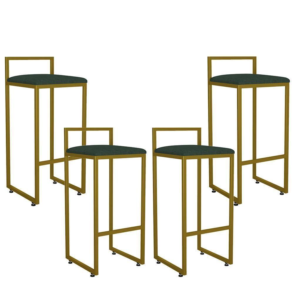 Kit 04 Banquetas Alta Hanna Dourado Linho Verde Musgo - 1