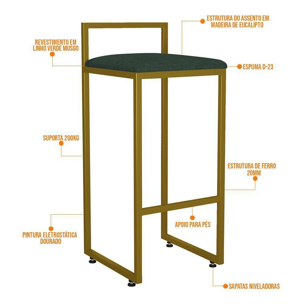 Kit 04 Banquetas Alta Hanna Dourado Linho Verde Musgo - 7