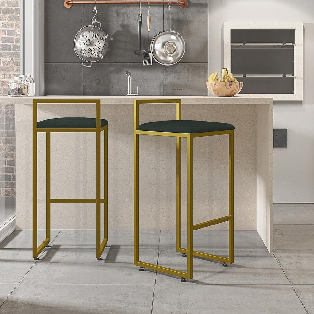 Kit 04 Banquetas Alta Hanna Dourado Linho Verde Musgo - 9