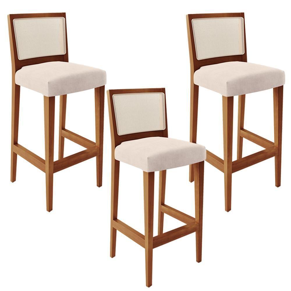 Kit 03 Banquetas Alta Branco Suede Bege - 1