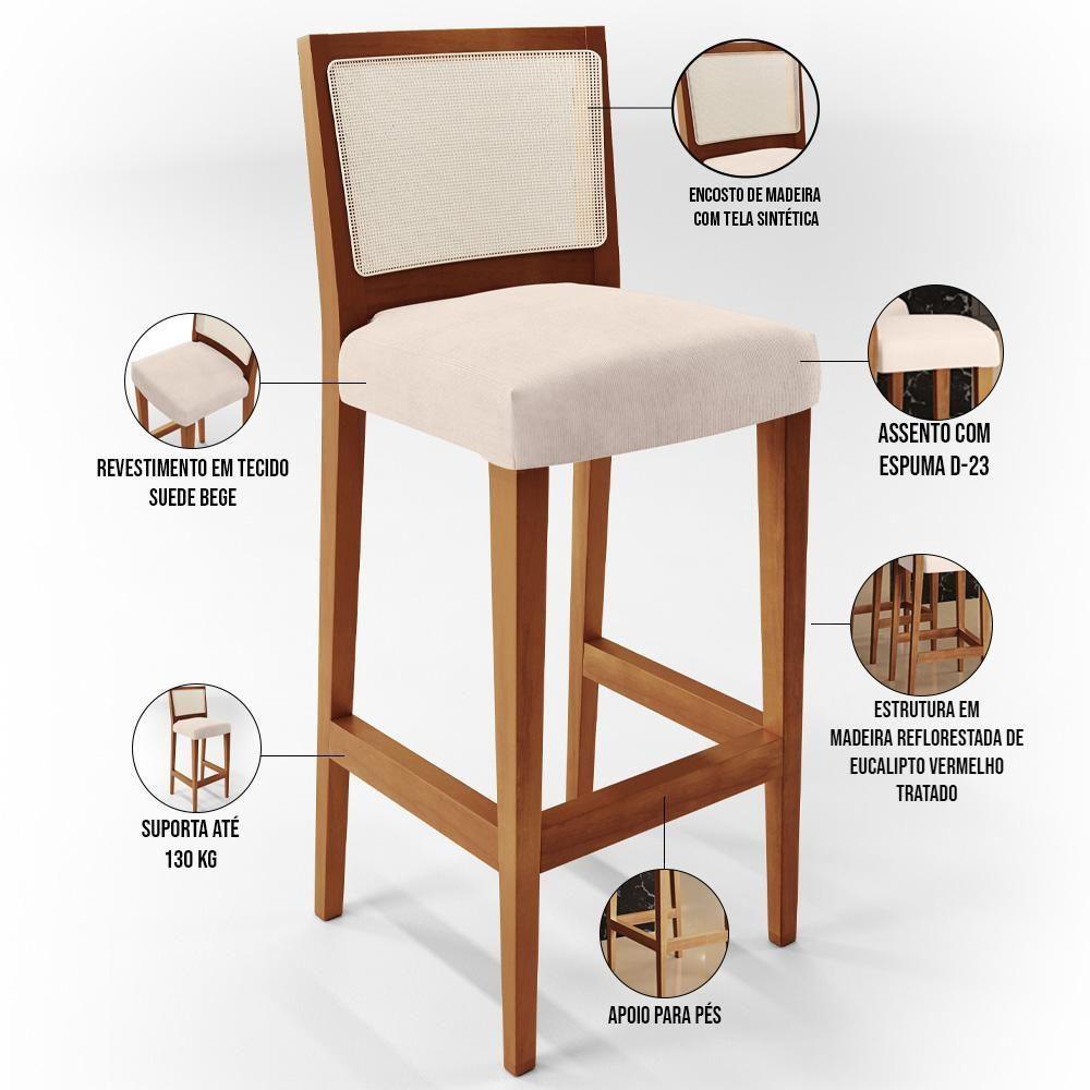 Kit 03 Banquetas Alta Branco Suede Bege - 5
