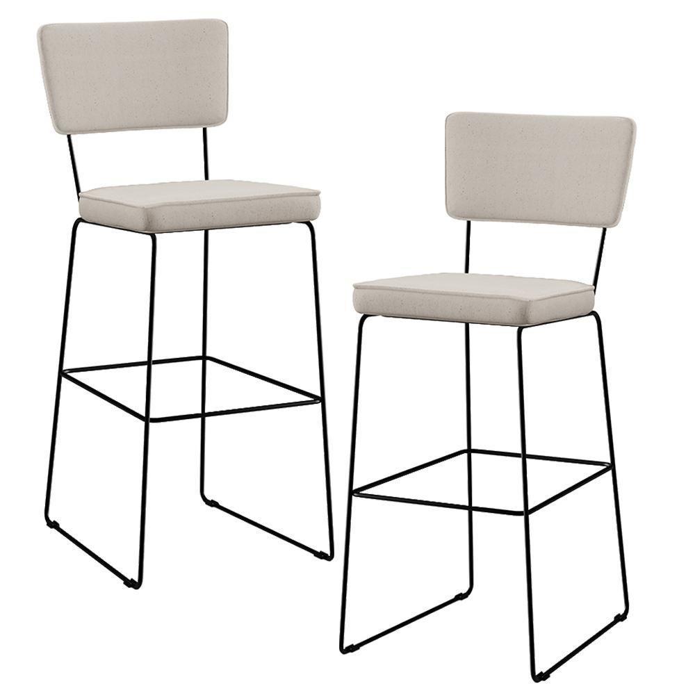 Kit 02 Banquetas Alta Base Em Aço Fixa Linho Cru - 1