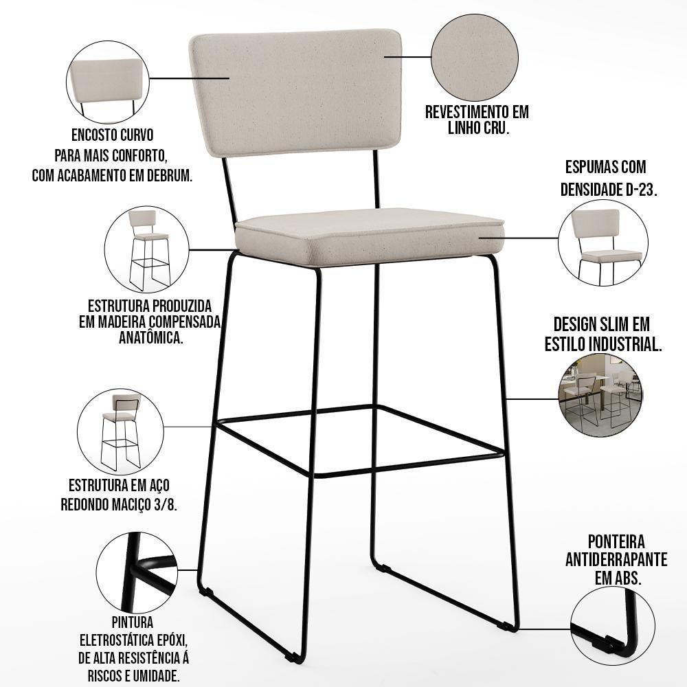 Kit 02 Banquetas Alta Base Em Aço Fixa Linho Cru - 7