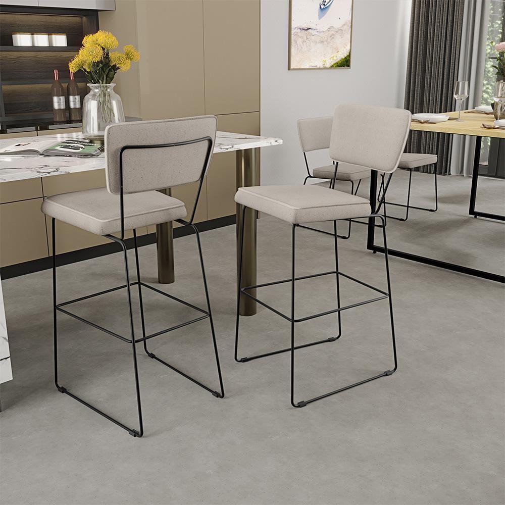 Kit 02 Banquetas Alta Base Em Aço Fixa Linho Cru - 9