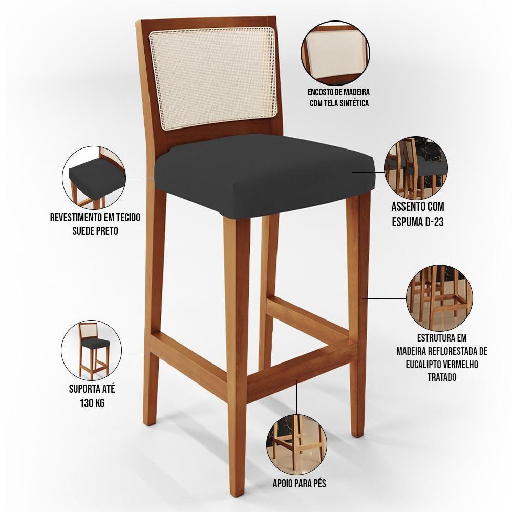 Kit 06 Banquetas Alta Branco Suede Preto - 6