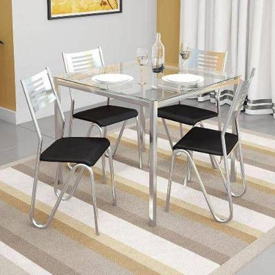 Conjunto: Mesa Sala Jantar Reno c/ Tampo Vidro 90cm + 4 Cadeiras Nápoles Cromado/Courano Preto - Kappesberg