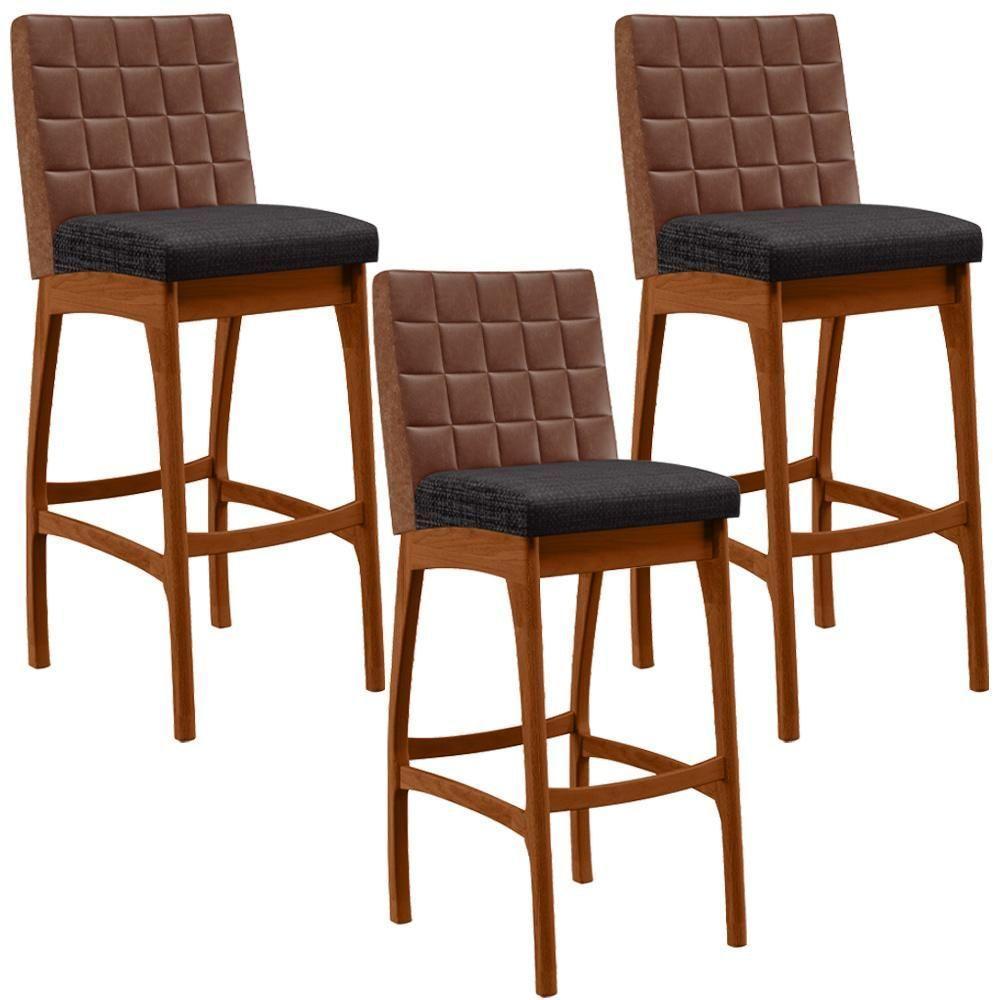 Kit 03 Banquetas Altas Mila Marrom Linho Chumbo - 1