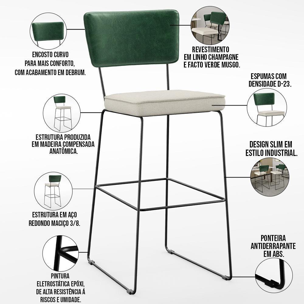 Kit 03 Banquetas Altas Facto Verde Musgo Linho Champagne - 7