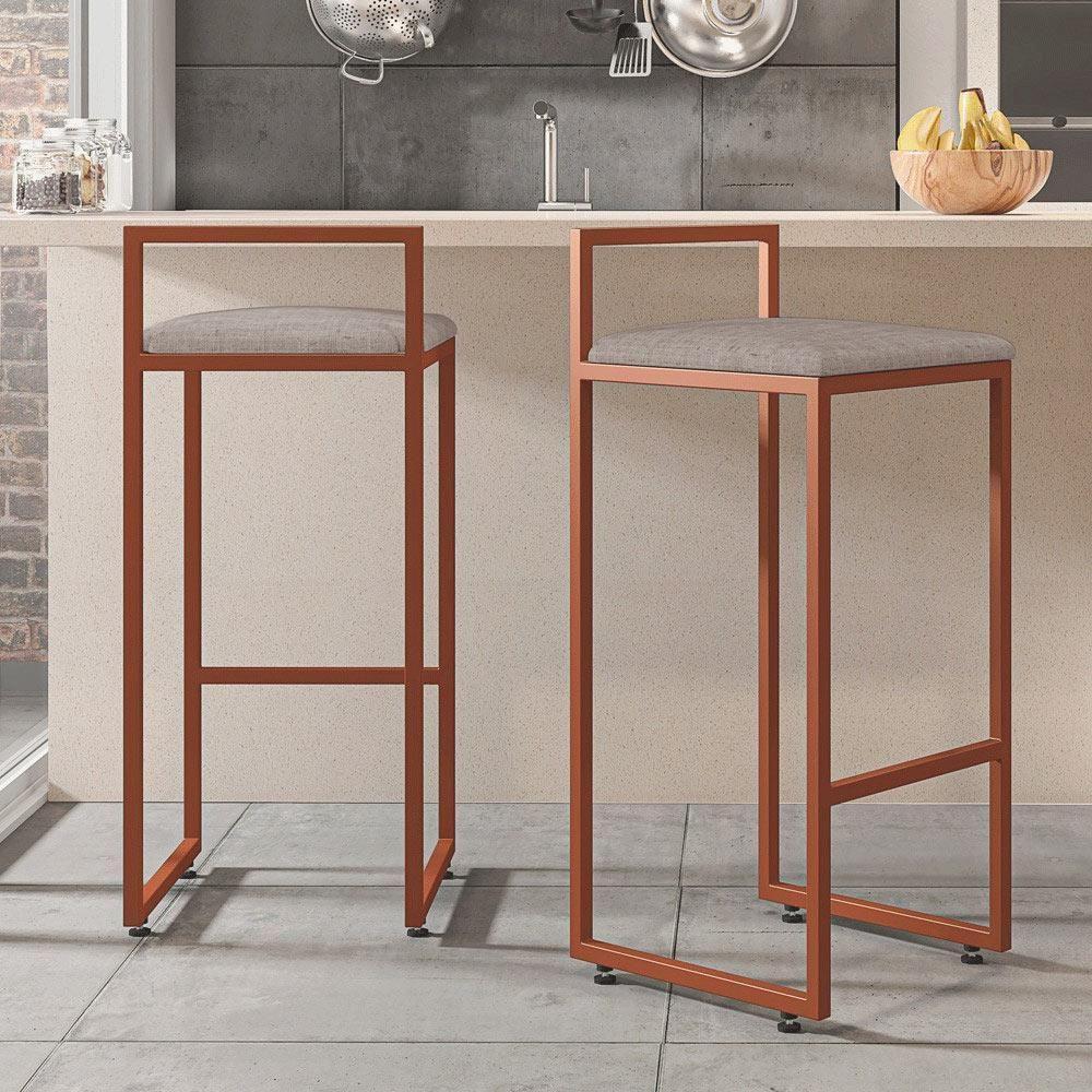 Kit 03 Banquetas Alta Hanna Bronze Linho Bege - 7