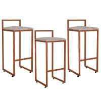 Kit 03 Banquetas Alta Hanna Bronze Linho Bege - 1