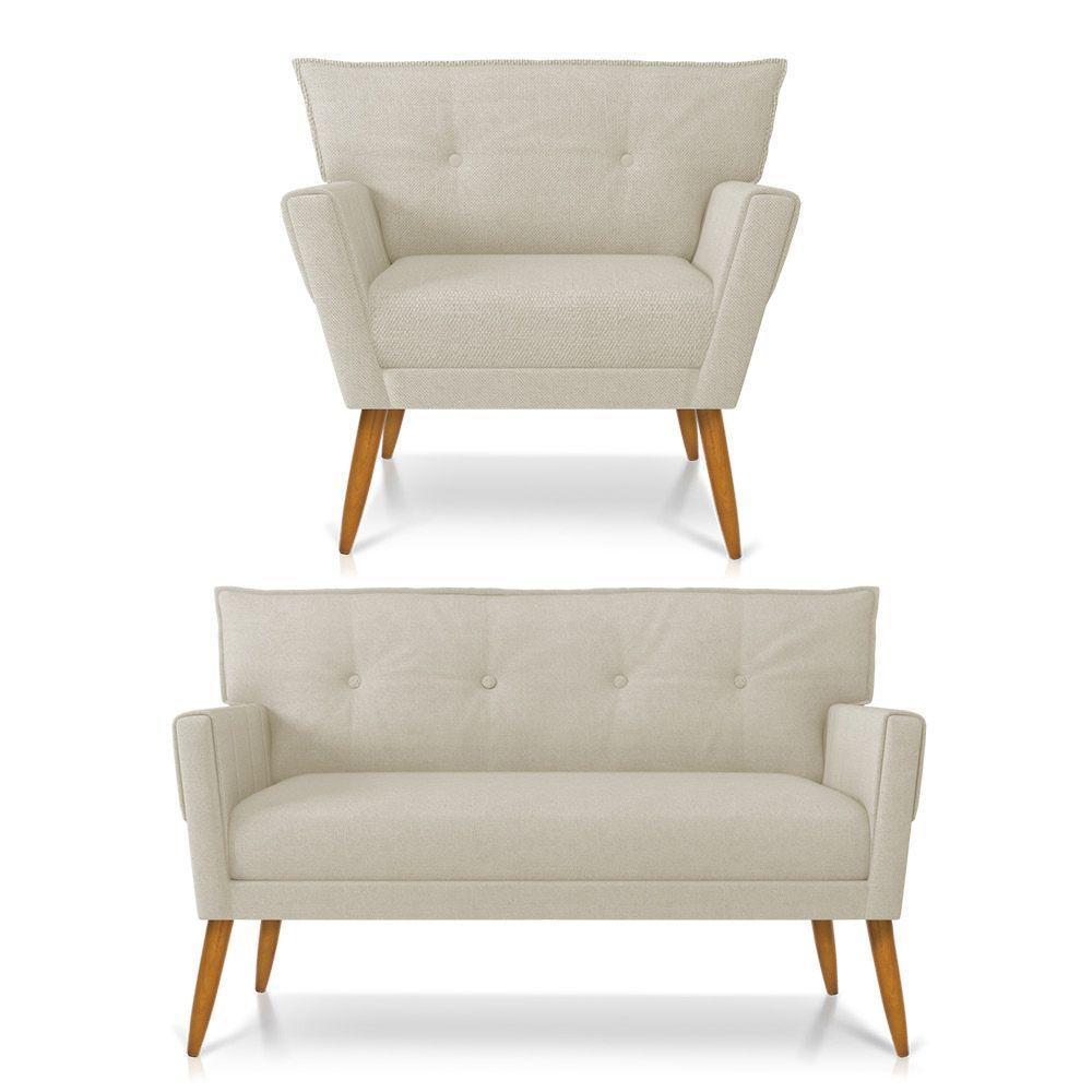 Kit 01 Namoradeira 02 Lugares E 01 Poltrona Anitta Linho Grosso Bege A19 Pés Palito Castanho - 1