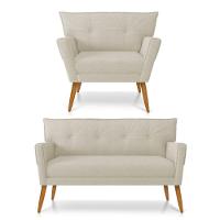 Kit 01 Namoradeira 02 Lugares E 01 Poltrona Anitta Linho Grosso Bege A19 Pés Palito Castanho - 1