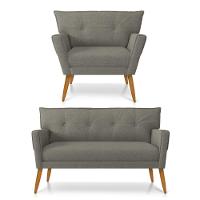 Kit 01 Namoradeira 02 Lugares E 01 Poltrona Anitta Linho Grafite A26 Pés Palito Castanho - 1