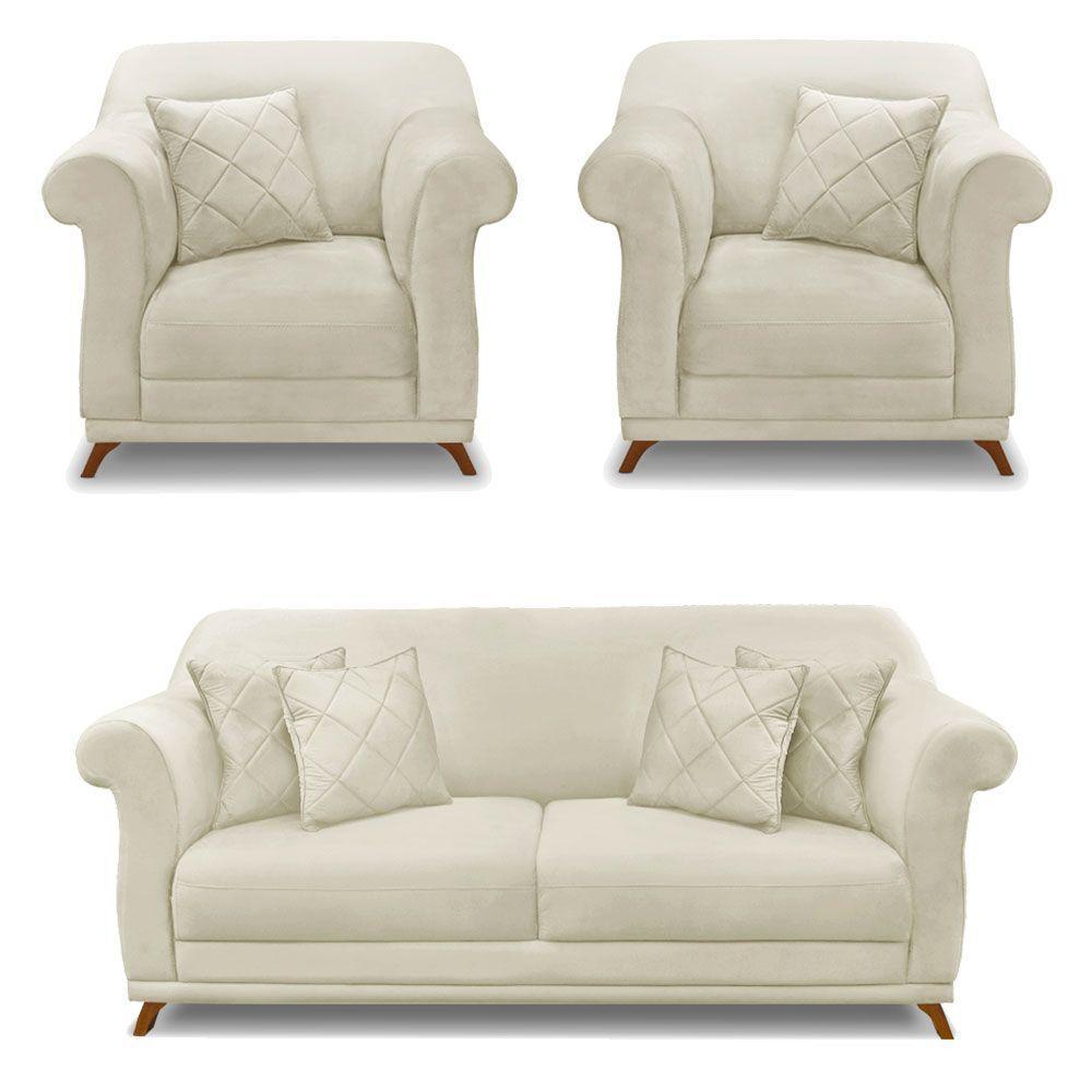 Kit 2 Poltronas E Sofá 2 Lugares 1,80m Bege Pés Castanho - 1
