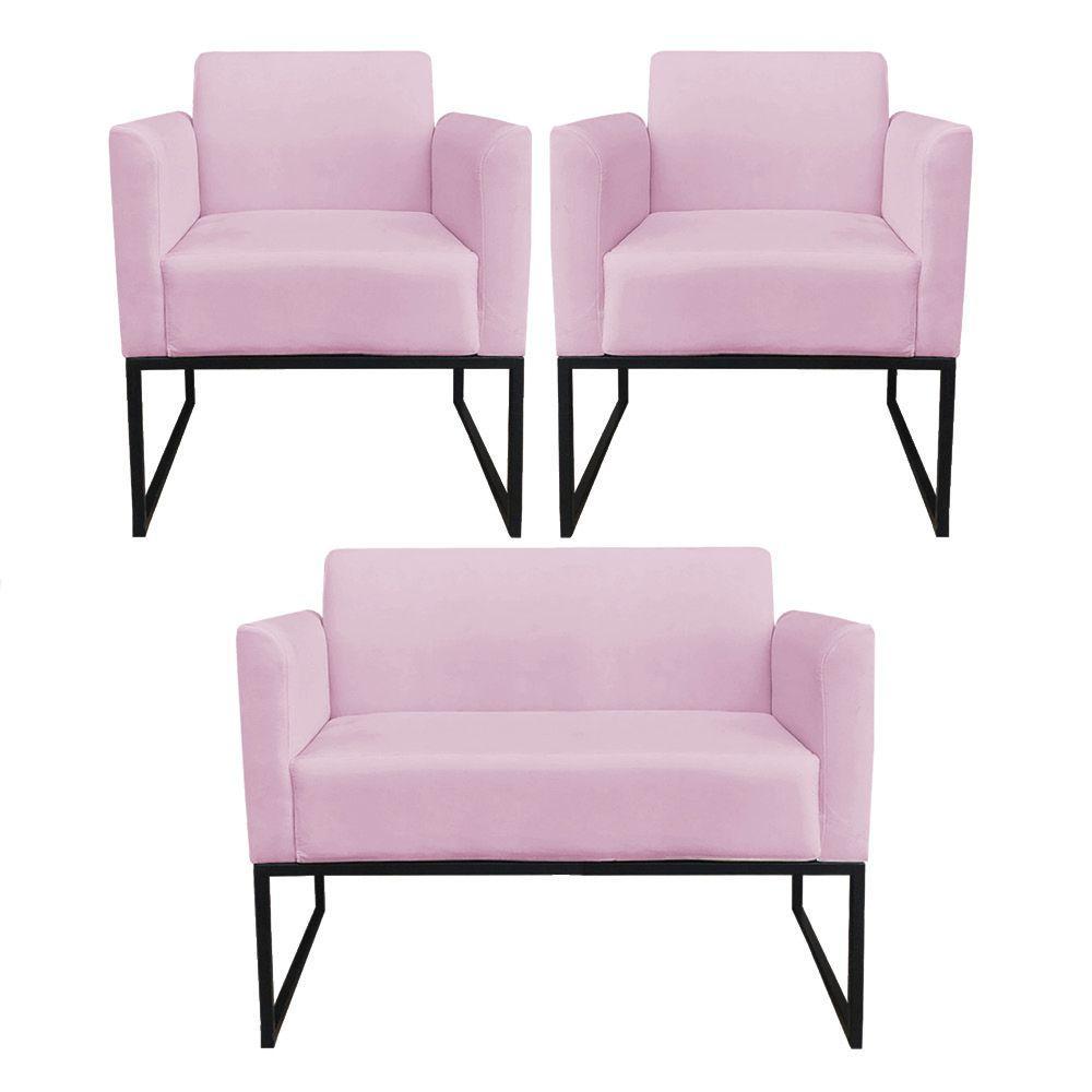 Kit 01 Namoradeira e 02 Poltronas Marisa Suede Base - 1