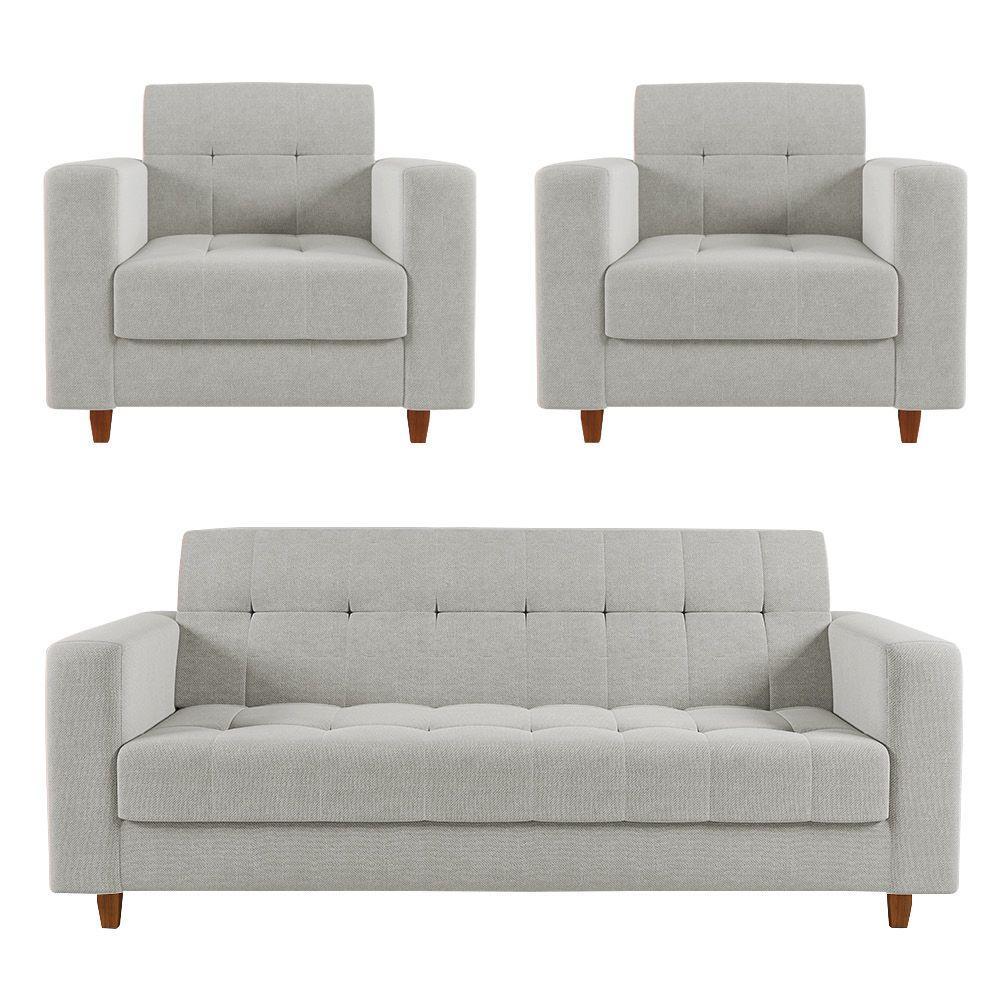 Kit Sofá 03 Lugares E 02 Poltronas Arezzo Linho Cinza Claro - 1