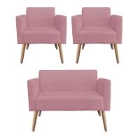 Kit 01 Namoradeira e 02 Poltronas Marisa Suede Pés Palito - 1