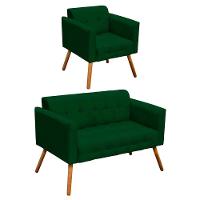 Kit 01 Namoradeira e 01 Poltrona Elisa Suede Verde Pés - 1