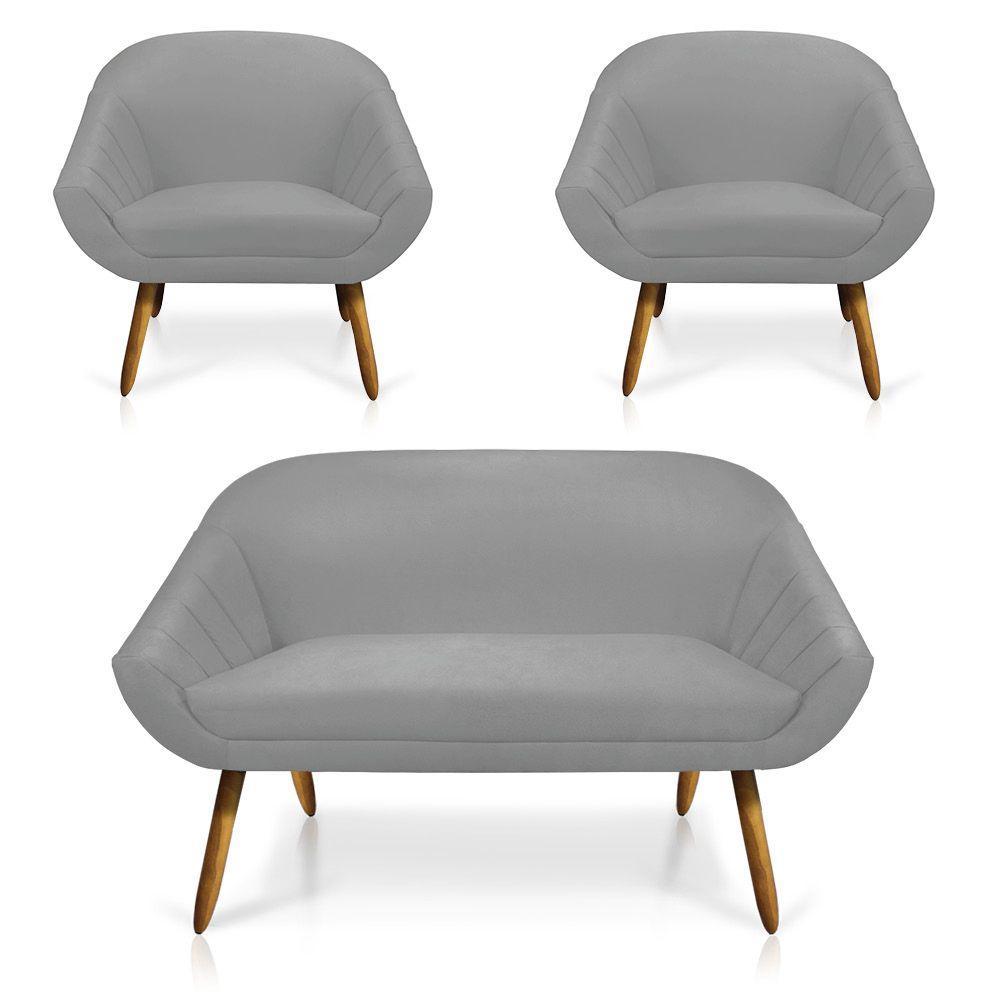 Kit 01 Namoradeira 02 Lugares e 02 Poltronas Giovana Suede Castanho Cinza - 1