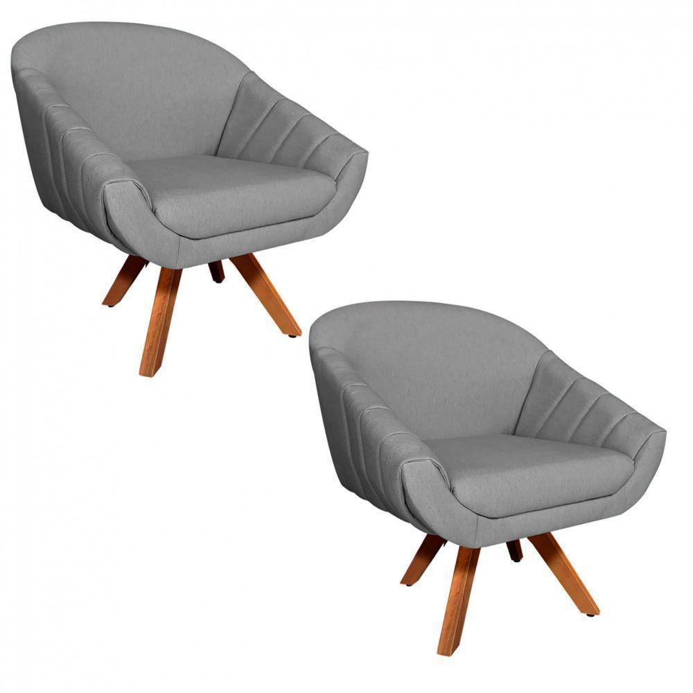 Kit 02 Poltronas Giratória Giovana Linho A26 Base Madeira - 1