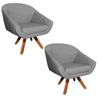 Kit 02 Poltronas Giratória Giovana Linho A26 Base Madeira - 1