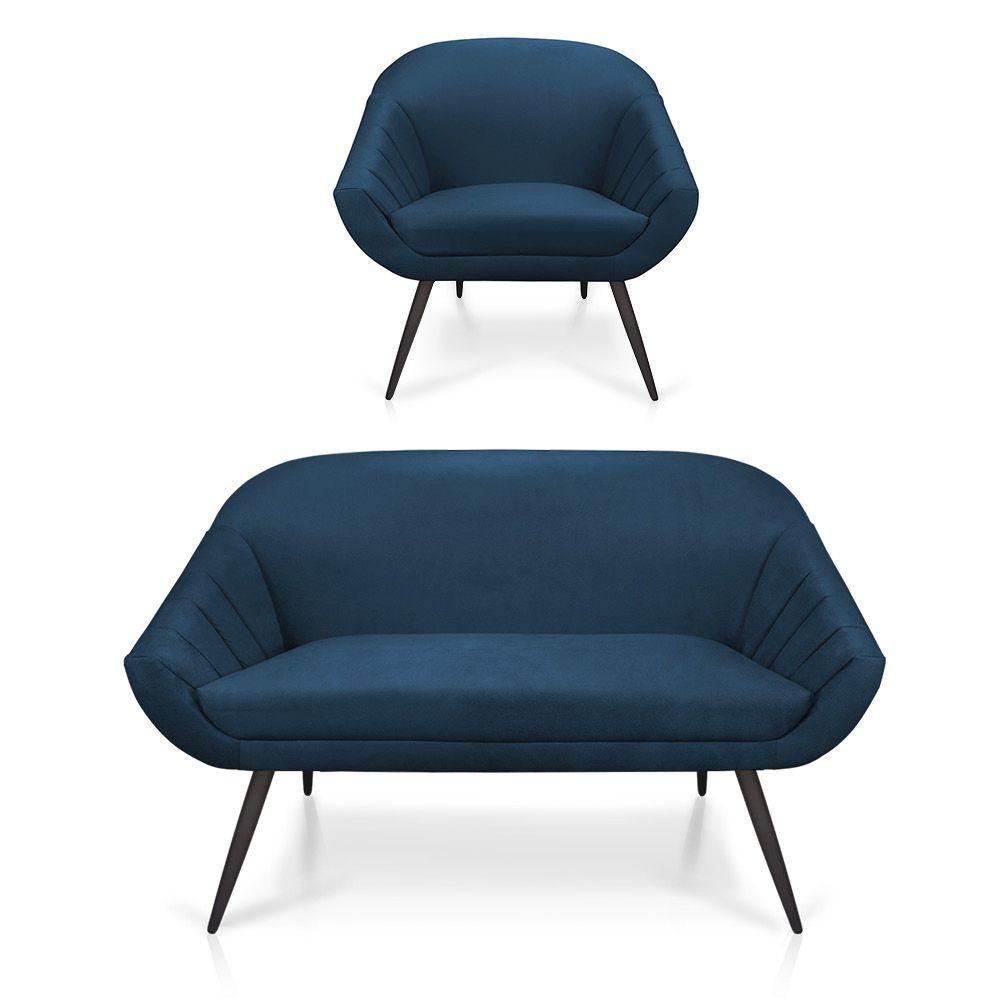 Kit 01 Namoradeira 02 Lugares e 01 Poltrona Giovana Suede de Ferro Azul Marinho - 8