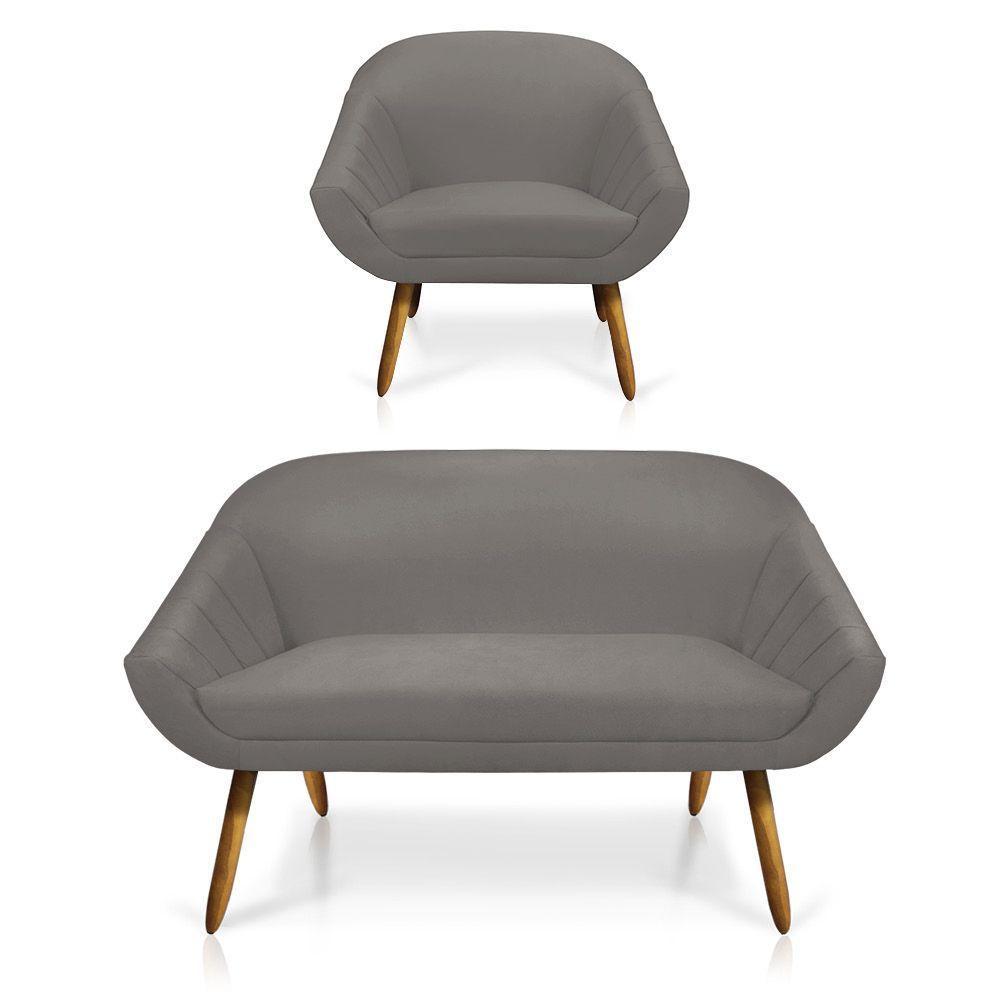 Kit 01 Namoradeira 02 Lugares e 01 Poltrona Giovana Suede Castanho Grafite - 1