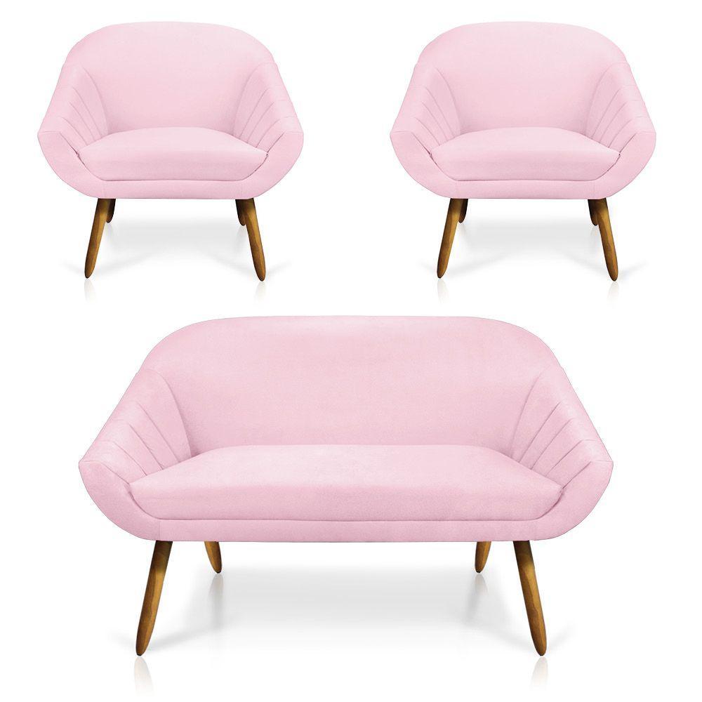 Kit 01 Namoradeira 02 Lugares e 02 Poltronas Giovana Suede Castanho Rosa Bebê - 8