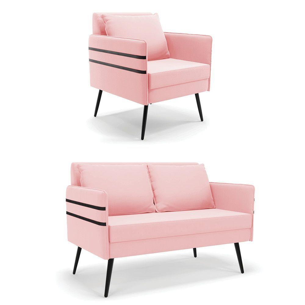 Kit 01 Namoradeira E 01 Poltrona Suede Rosa Bebê - 1