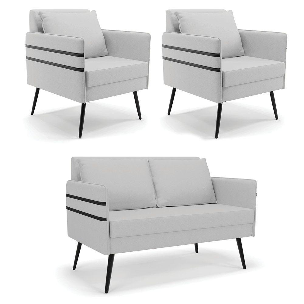 Kit 01 Namoradeira E 02 Poltronas Linho A05 Cinza - 1