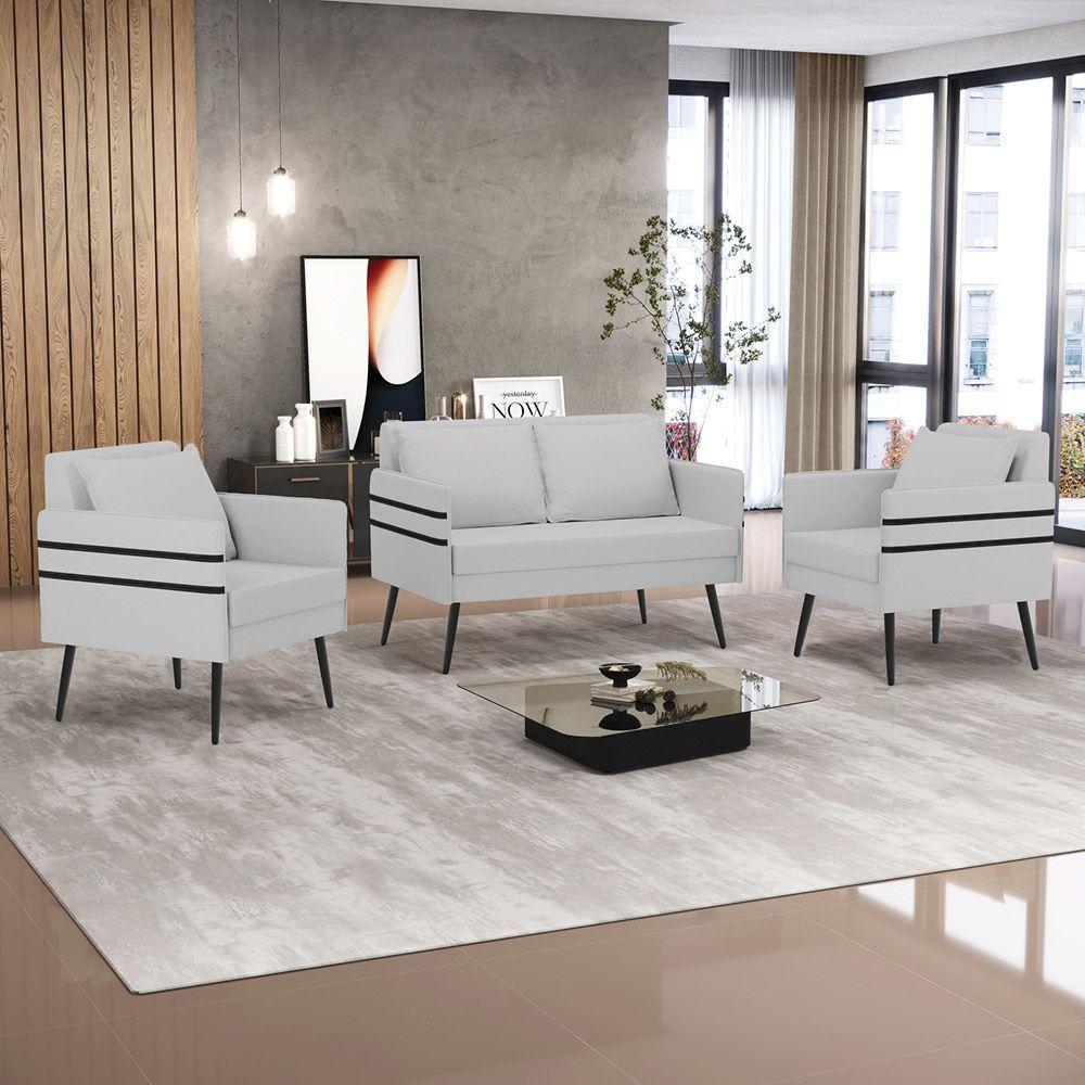 Kit 01 Namoradeira E 02 Poltronas Linho A05 Cinza - 8