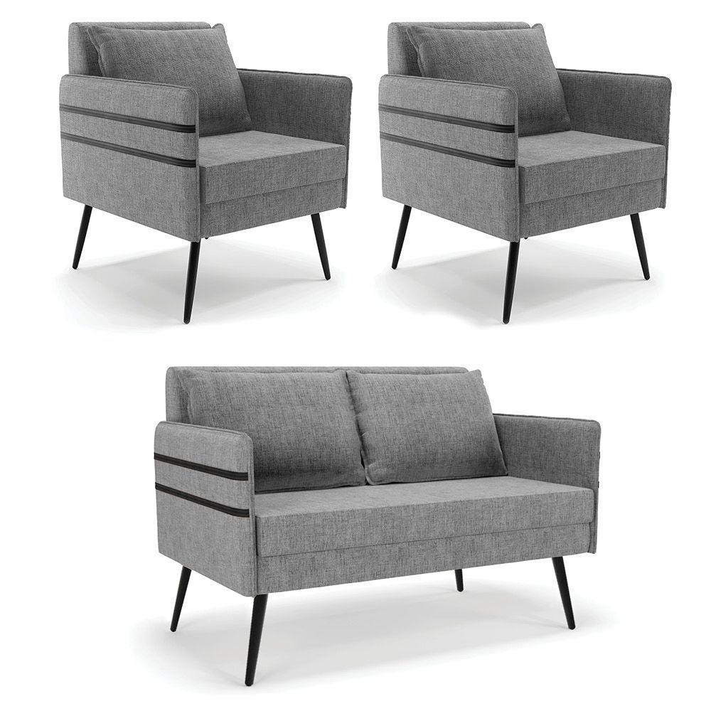 Kit 01 Namoradeira E 02 Poltronas Linho A26 Grafite - 1