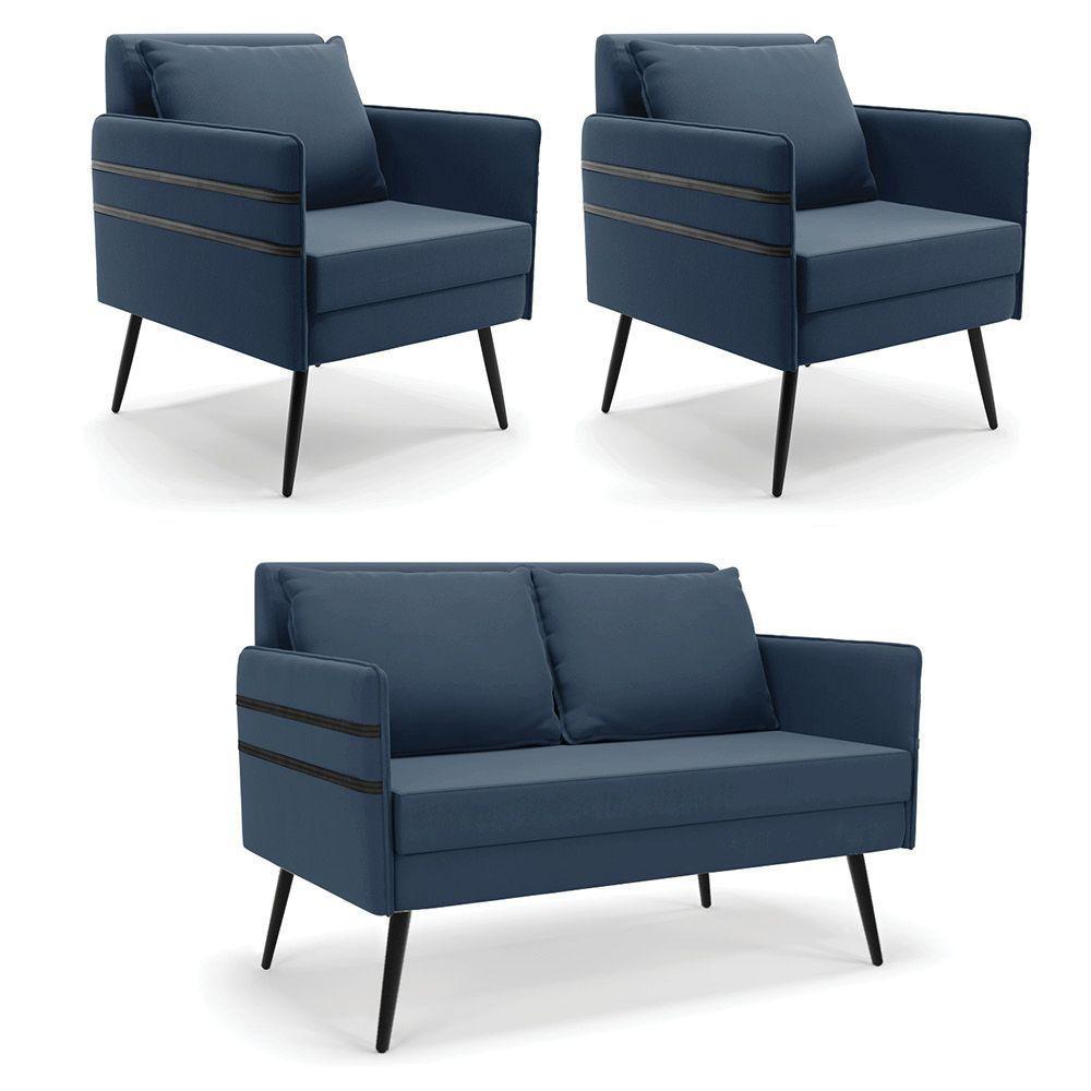 Kit 01 Namoradeira E 02 Poltronas Suede Azulnho - 1