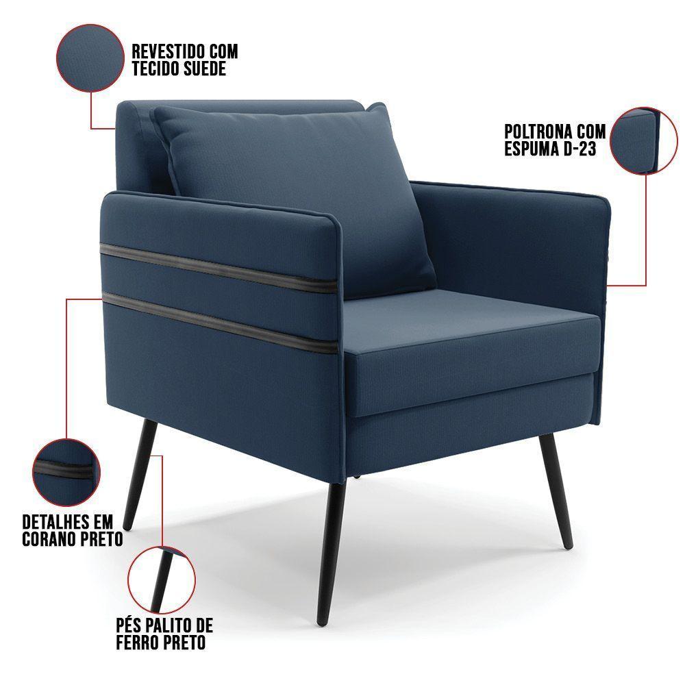 Kit 01 Namoradeira E 02 Poltronas Suede Azulnho - 4