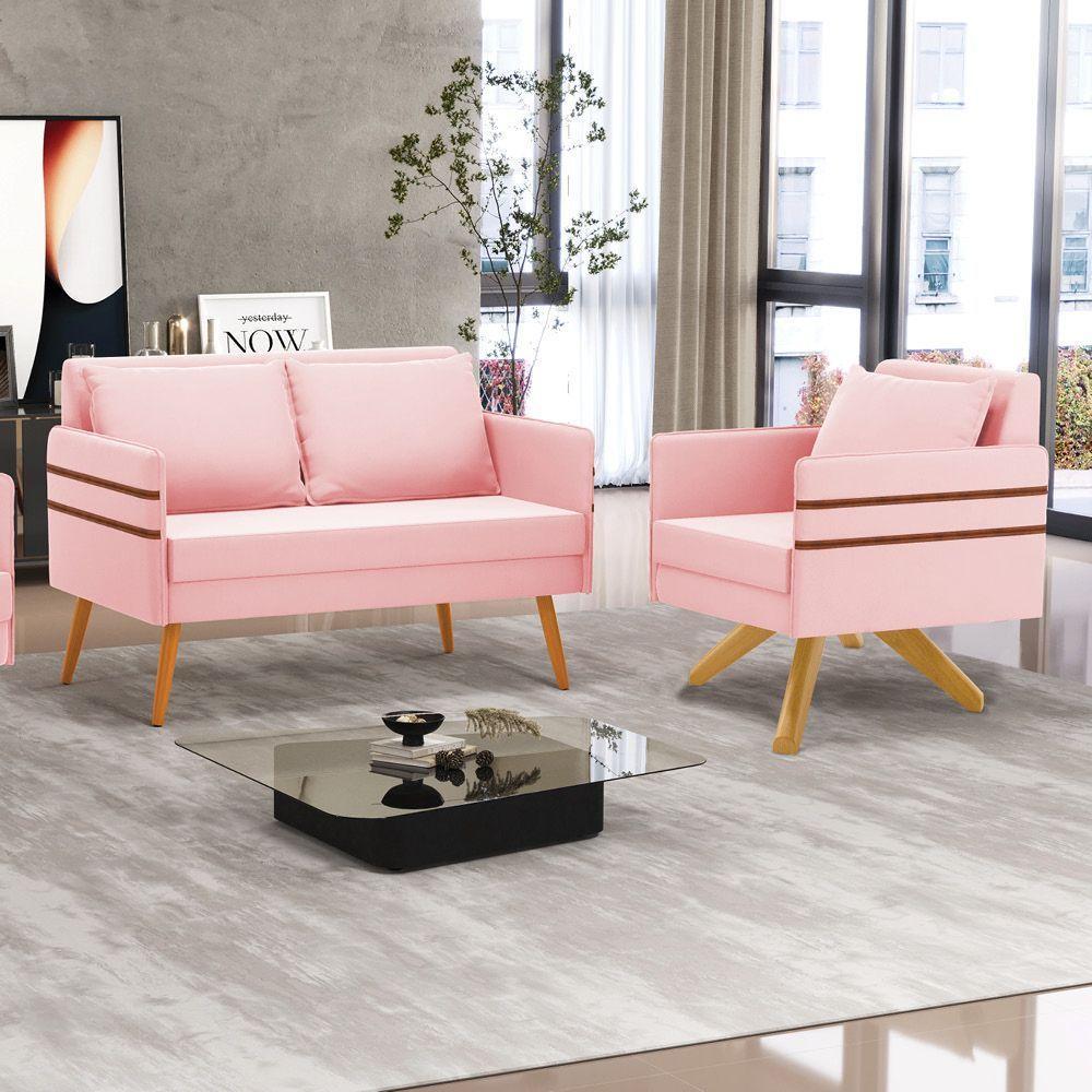 Kit 01 Namoradeira E 01 Poltrona Suede Ma30 Rosa Bebê - 8