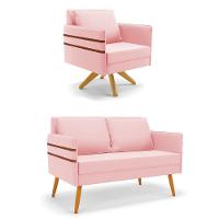 Kit 01 Namoradeira E 01 Poltrona Suede Ma30 Rosa Bebê - 1
