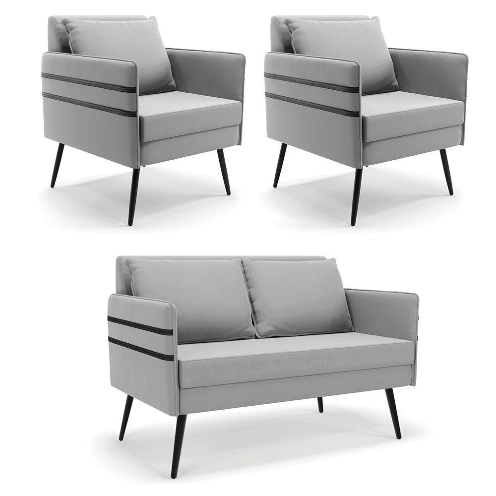 Kit 01 Namoradeira E 02 Poltronas Suede Cinza - 1