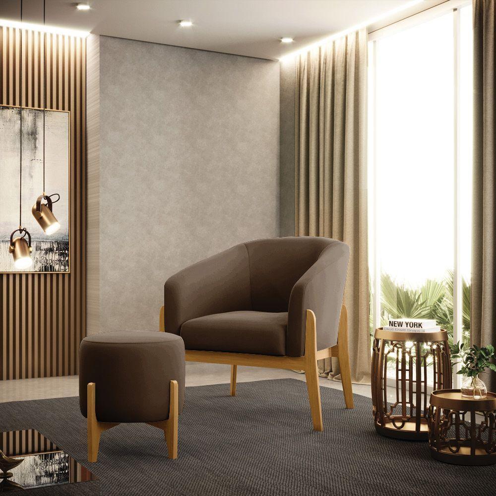 Kit 01 Poltrona E 01 Puff Base Madeira Castanho Cor Marrom - 8