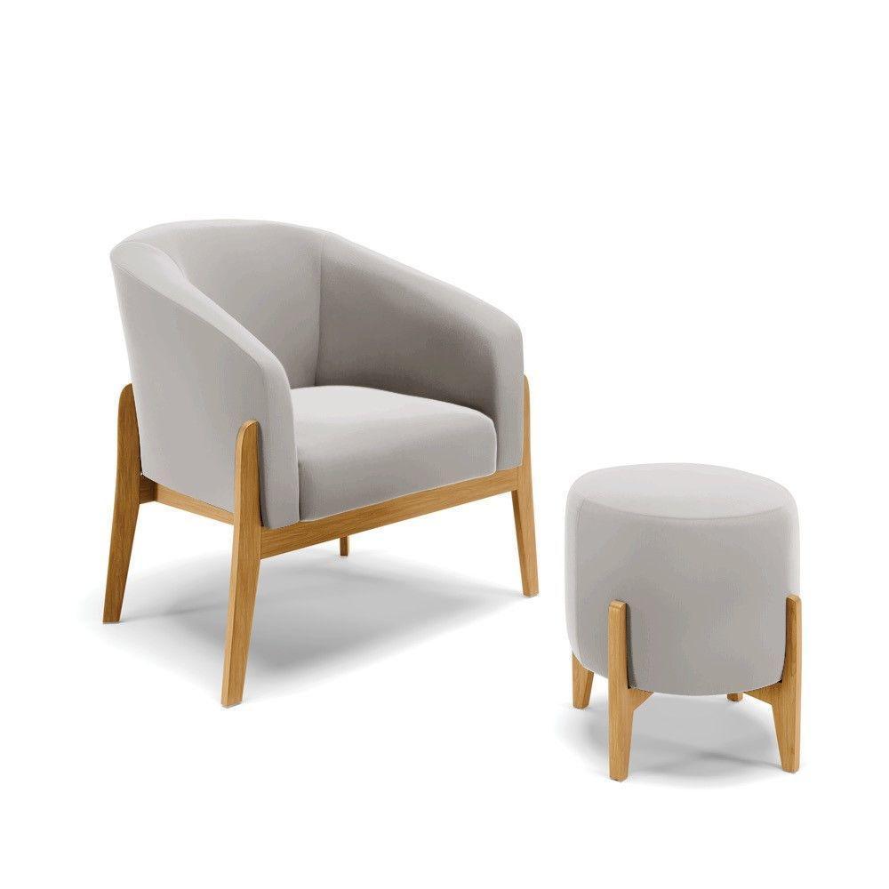 Kit 01 Poltrona E 01 Puff Base Madeira Castanho Cor Cinza - 1