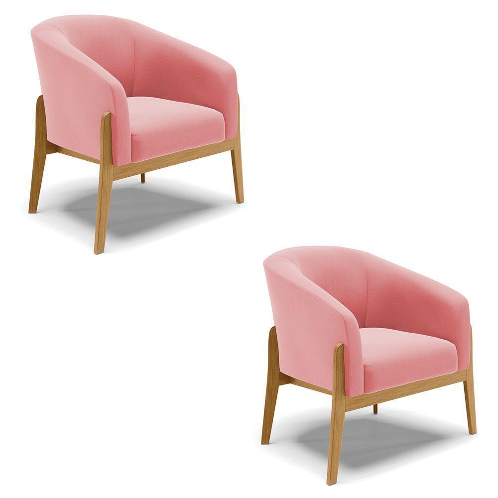Kit 02 Poltronas Stella Suede Base Madeira Castanho - D'rossi Cor Rose - 1
