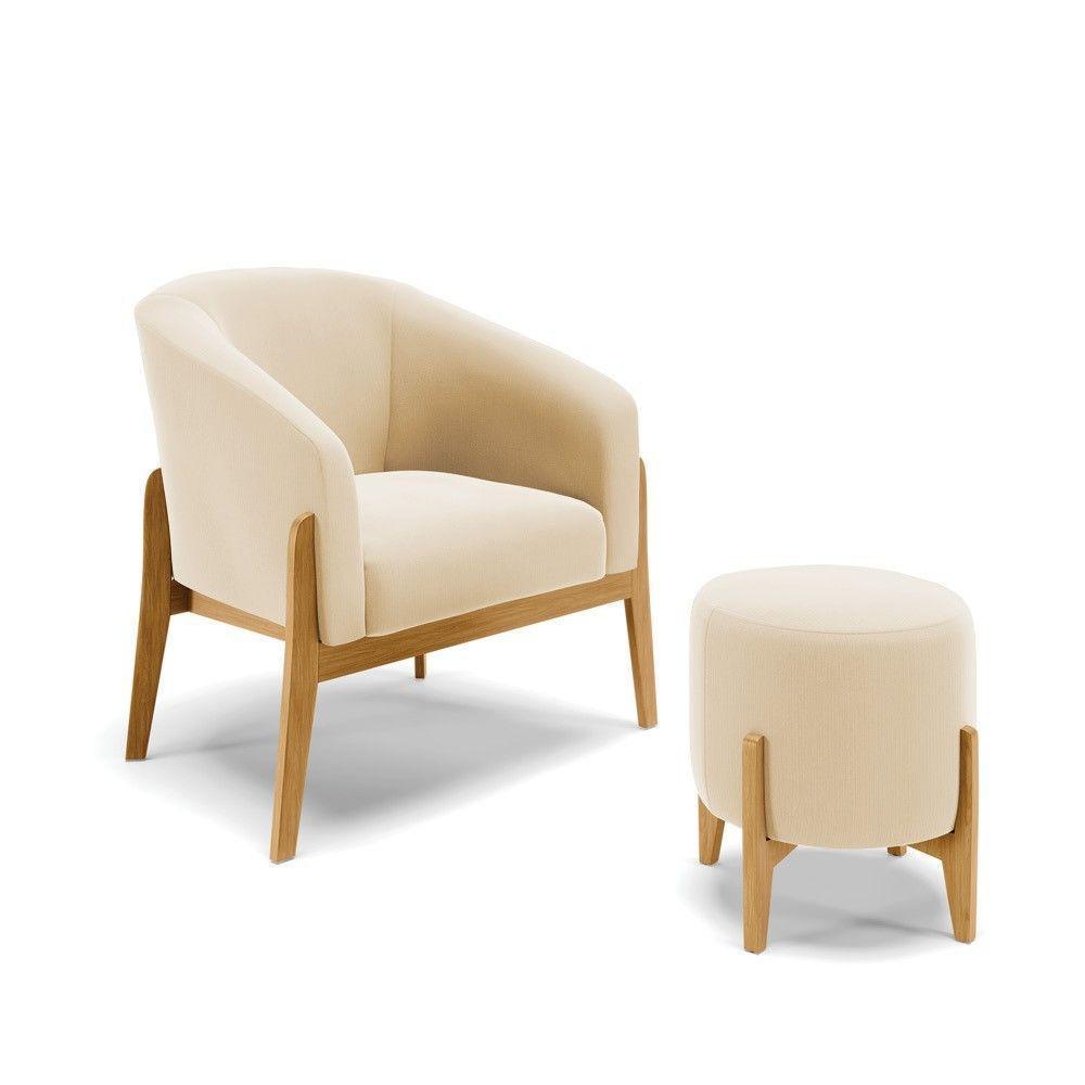 Kit 01 Poltrona E 01 Puff Bege Base Madeira Castanho - 1