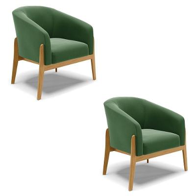 Kit 02 Poltronas Verde Base Madeira Castanho